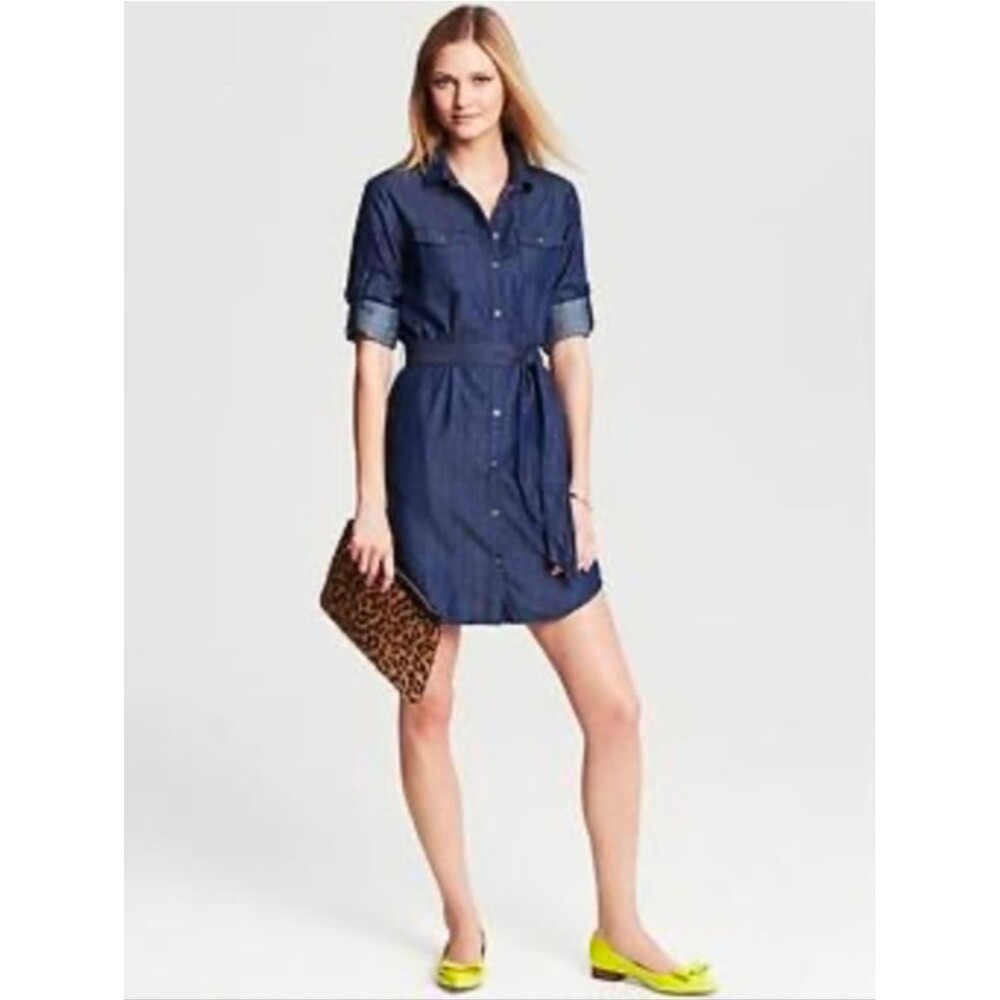 Banana Republic Blue Chambray Denim Tie Waist Long Sleeve Button Up Dress 6 - Picture 3 of 10